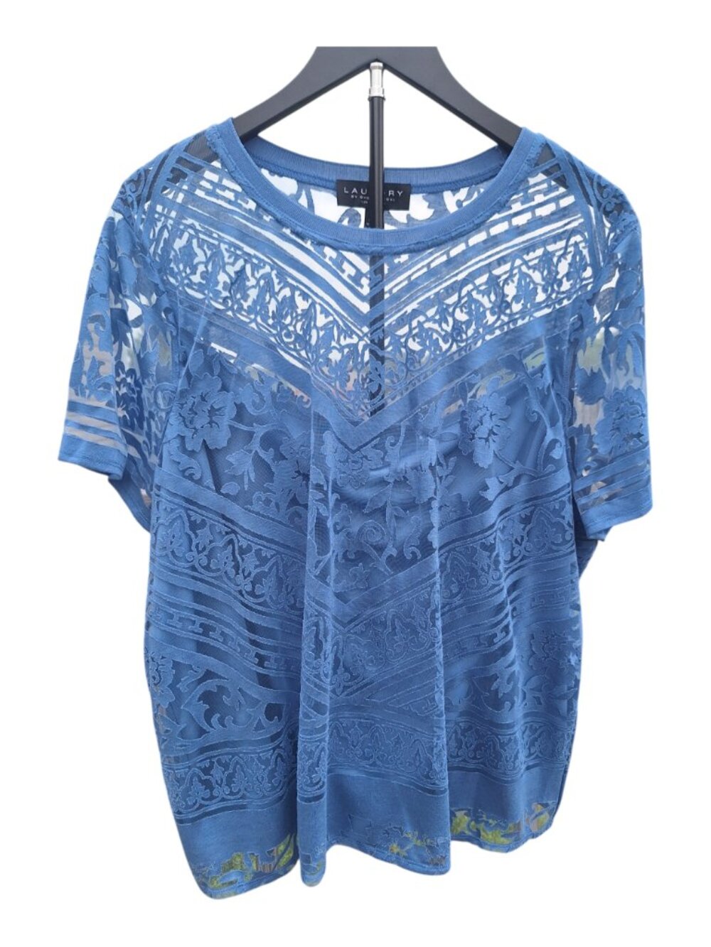 LAUNDRY BY SHELLI SEGAL Top Blue Sheer Lace Lined Top Sz 2X Whimsigoth